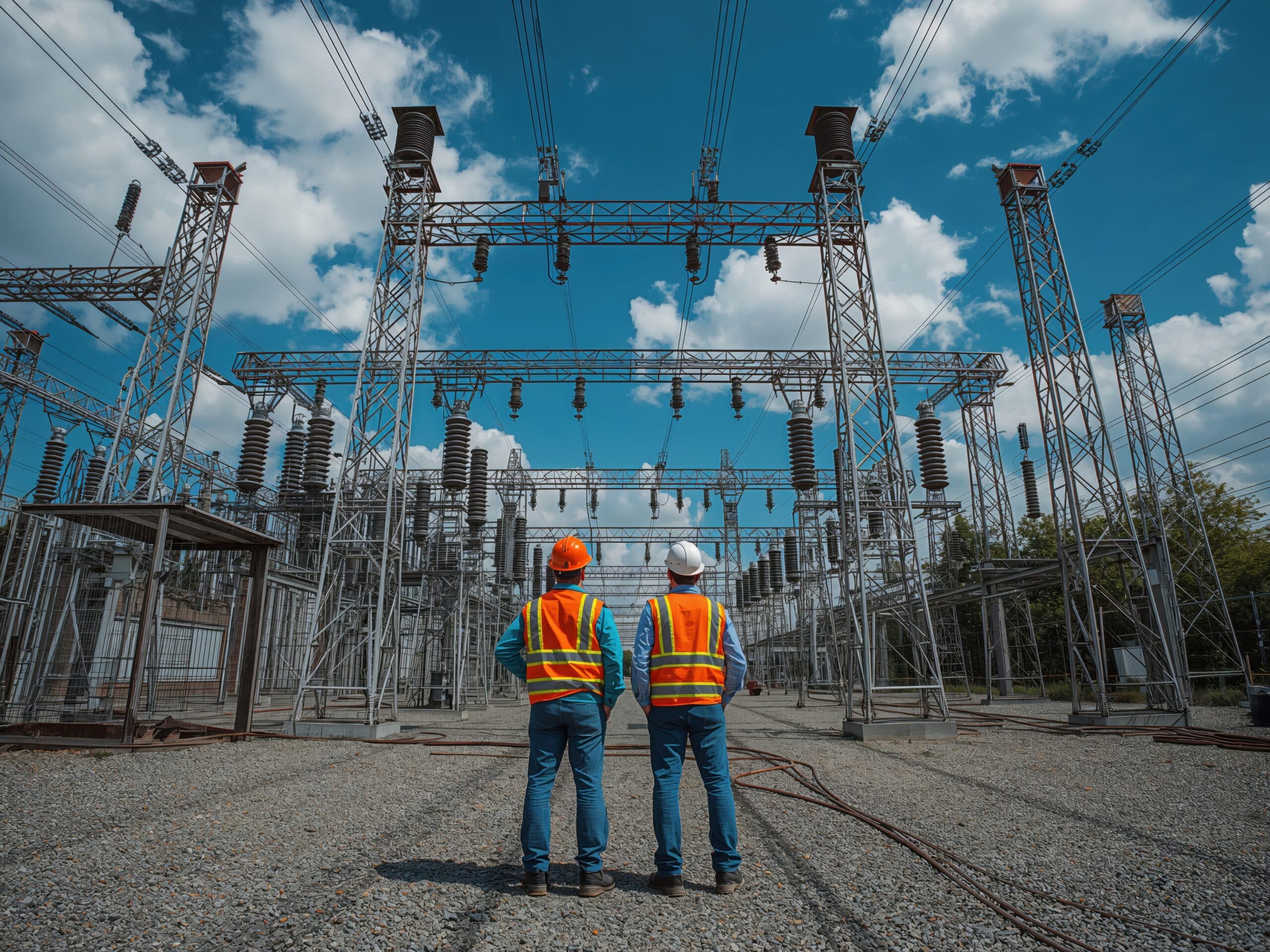 Two construction workers in safety gear analyzing an electrical substation under a cloudy sky